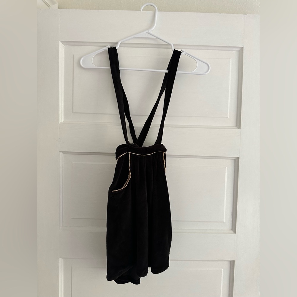 Black velvety jumper skirt with gold thread trim